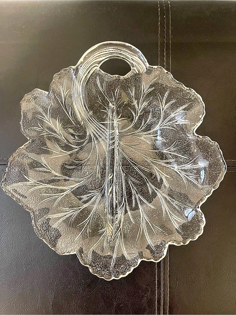 Vintage Glass Pebble Leaf Divided Candy/ Relish Dish